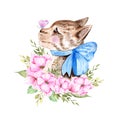 Hand Drawn floral watercolor cat with bow Illustration for card making, paper, textile, printing, packaging Royalty Free Stock Photo