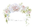 Floral Watercolor Frame with Delicate White Roses and shabby chic