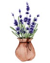 Floral watercolor illustration of lavender in a pouch. Natural product. Fragrant flowers for stickers, decoration and decor