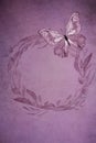 Floral watercolor illustration with leaves, blossoms and butterfly isolated on mauve background