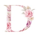Floral Watercolor Letter D Blooming Alphabet Design. Watercolour Font letter B isolated on white background. Royalty Free Stock Photo