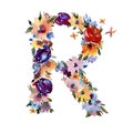 Floral Watercolor Letter R Made of Flowers, Isolated Summer Letter on White Background