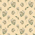 Floral watercolor seamless pattern with beige peony flowers, buds and green leaves on light pink background. Royalty Free Stock Photo