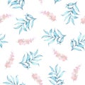 Floral watercolor seamless pattern with flowers and twigs on white background Royalty Free Stock Photo