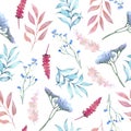 Floral watercolor seamless pattern with flowers and twigs on white background Royalty Free Stock Photo