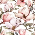 Floral watercolor seamless pattern with pink magnolia flowers on white background. Royalty Free Stock Photo