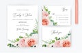 Floral, watercolor wedding invite card, rsvp, thank you card design. Blush peach, pink garden roses, white anemone flower, lilac Royalty Free Stock Photo