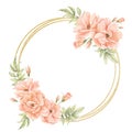 Floral watercolor Wrath with pink Rose Flowers and golden circular Frame. Hand drawn Template for greeting cards or