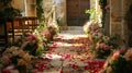 Floral wedding aisle decoration in a historic church Royalty Free Stock Photo