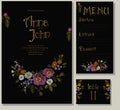 Floral wedding cards design suite template. Rustic field flower wild rose daisy gerbera herbs. Invitation greeting card marriage m Royalty Free Stock Photo