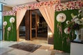 Floral Wedding decoration element. Lights, entrance gate, Shower, Flowers, Couple Stage. Closeup beautiful flowers wedding arch at