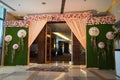 Floral Wedding decoration element. Lights, entrance gate, Shower, Flowers, Couple Stage. Closeup beautiful flowers wedding arch at