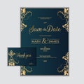 Floral wedding invitation card design with golden peonies on a dark blue background.Wedding Invitation, floral invite thank you, Royalty Free Stock Photo