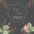 Floral wedding invitation card design template, pink roses flowers with leaves on dark back. Golden geometric frame and branches i Royalty Free Stock Photo