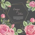 Floral wedding invitation card design template, pink roses flowers with leaves on dark back. Golden geometric frame in center. Royalty Free Stock Photo