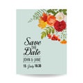 Floral Wedding Invitation Card Template with Autumn Flowers, Leaves and Rowanberry. Baby Shower Decoration