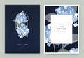 Floral wedding invitation card template design, blue hydrangea flowers in white polygon shape on dark blue background Royalty Free Stock Photo