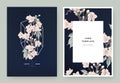 Floral wedding invitation card template design, pink sakura flowers in white polygon shape on dark blue background Royalty Free Stock Photo