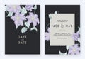 Floral wedding invitation card template design, purple clematis flowers and leaves on dark blue Royalty Free Stock Photo