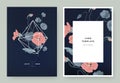 Floral wedding invitation card template design, red Tropaeolum flowers in white polygon shape on dark blue background