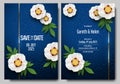 Floral wedding invitation card template design, white peony flower with leaves and golden line. Gold string, flower, green leaf on