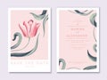 Floral wedding invitation card template with pink tulip flower and leaves on light pink background, pastel vintage style. Royalty Free Stock Photo