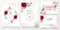 Floral Wedding Invitation Card Template Set With Burgundy And Peach Rose Flowers And Watercolor Background. Cards With Floral And