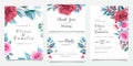 Floral wedding invitation card template set with flowers border and blue leaves. Red and peach roses illustration for save the Royalty Free Stock Photo