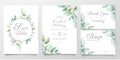 Floral wedding invitation card template set of realistic watercolor leaves. Elegant greenery save the date, invite, thank you, Royalty Free Stock Photo
