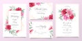Floral wedding invitation card template set with red and purple roses, leaves, and golden decorative. Botanical card background Royalty Free Stock Photo