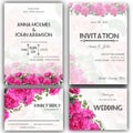 Floral wedding invitation card template suite with red and purple roses and leaves. Botanical card background bundle Royalty Free Stock Photo