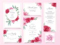 Floral wedding invitation card template suite with red and purple roses and leaves. Botanical card background bundle