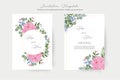 Floral Wedding Invitation Card, thank you card, vector Design with flower pink paeonia with rim goldens petal and leaves.