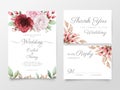 Floral wedding invitation cards template set with watercolor roses and peony flowers. Floral save the date, invite or Royalty Free Stock Photo