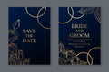 Wedding invitation with golden roses and rings on a dark blue background