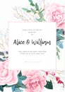 Floral wedding invitation design with pale pink roses on the white background. Romantic and elegant vector design. Royalty Free Stock Photo