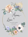 Floral Wedding Invitation. Elegant pink garden rose, peony, anemone, eucalyptus branches, leaves. Vector template