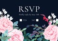 Floral wedding invitation with pink roses. Botanical RSVP card template on dark background. Hant drawn vector Royalty Free Stock Photo