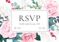 Floral wedding invitation with pink roses. Botanical RSVP card template. Hant drawn vector illustration. Royalty Free Stock Photo
