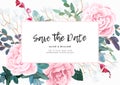 Floral wedding invitation with pink roses on white background. Horizontal RSVP or save the date template. Classic vector Royalty Free Stock Photo