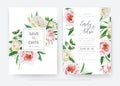Floral wedding invitation, save the date card set. Cream rose flowers, pink peony flower, greenery garden leaves bouquet frame, Royalty Free Stock Photo