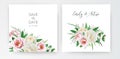 Floral, wedding invitation, save the date card set. Pink peony flower, cream white rose flowers, greenery garden leaves bouquet Royalty Free Stock Photo