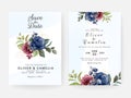 Floral wedding invitation template set with blue and brown roses flowers and leaves decoration. Botanic card design concept