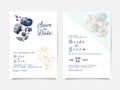 Floral wedding invitation template set with blue and brown roses flowers and leaves decoration. Botanic card design concept Royalty Free Stock Photo