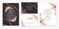 Floral wedding invitation template set with brown and peach roses flowers and leaves decoration. Botanic card design concept