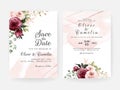 Floral wedding invitation template set with burgundy and peach roses flowers and leaves decoration. Botanic card design concept Royalty Free Stock Photo