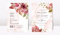 Floral wedding invitation template set with elegant burgundy and brown roses flowers and leaves decoration. Botanic card design Royalty Free Stock Photo