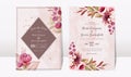 Floral wedding invitation template set with elegant burgundy and brown roses flowers and leaves decoration. Botanic card design Royalty Free Stock Photo