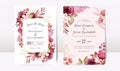 Floral wedding invitation template set with elegant burgundy and brown roses flowers and leaves decoration. Botanic card design Royalty Free Stock Photo