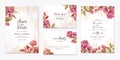 Floral wedding invitation template set with gold burgundy and brown roses flowers and leaves decoration. Botanic card design Royalty Free Stock Photo